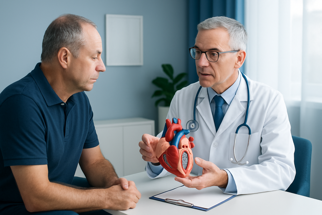 Doctor explaining heart model to patient in a consultation room.