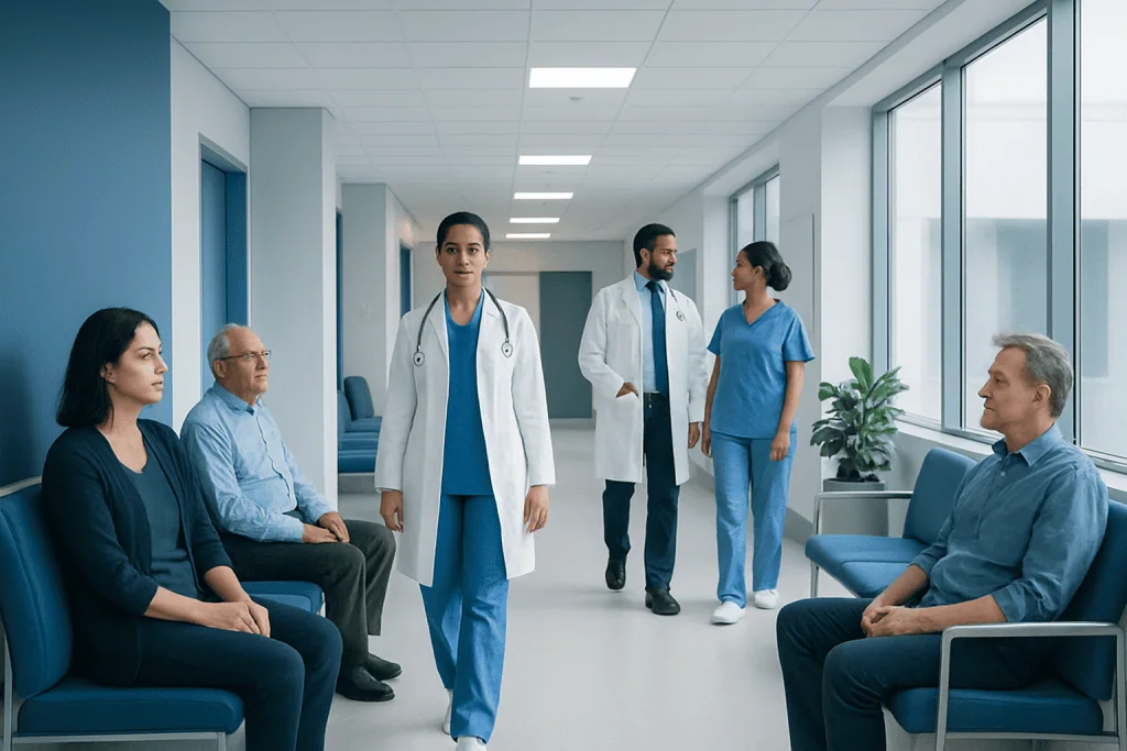 Atorvastatin 20mg: A Complete Medical Overview 1 Medical team consulting patients in hospital corridor at Acibadem Hospitals.