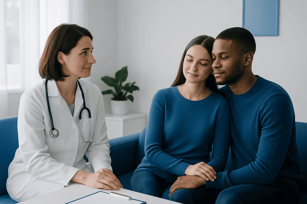 Doctor consulting with a couple in a medical office setting.