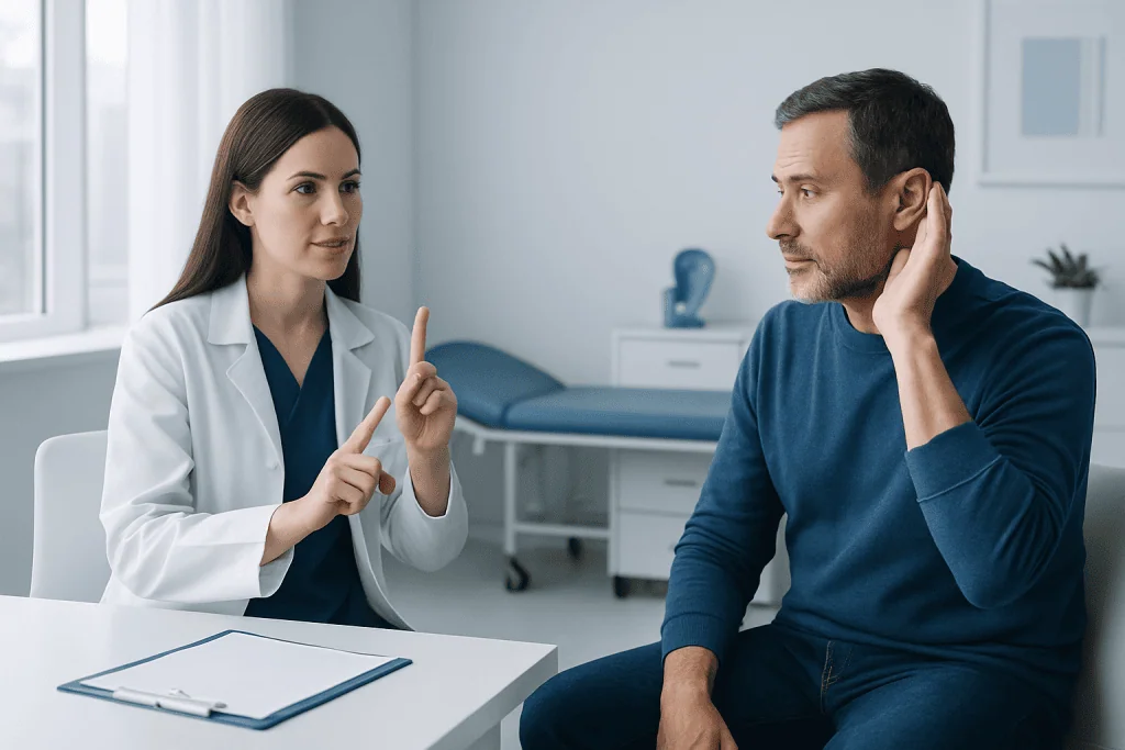 Doctor explaining hearing health to a patient in a medical consultation.
