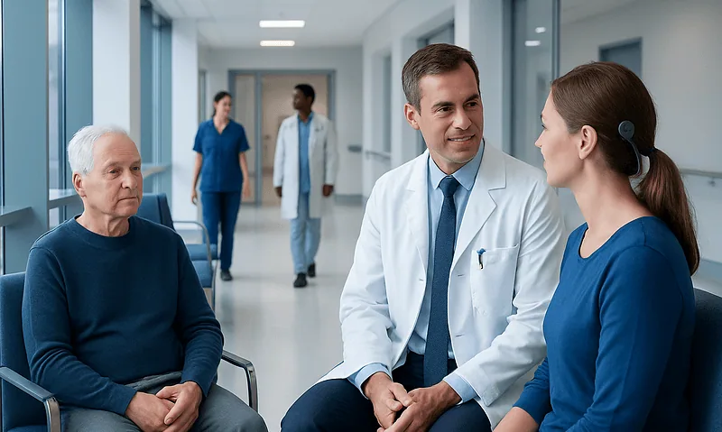 Doctor consulting with a female patient in a hospital corridor.