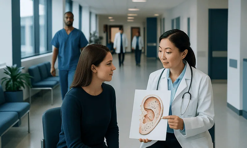 Doctor explaining ear acupuncture points to patient in hospital corridor.