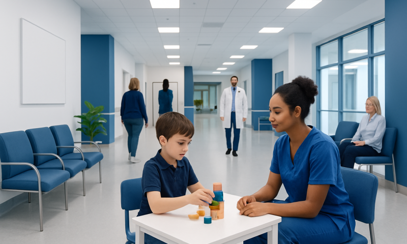 Child receiving occupational therapy in a hospital setting with a therapist and medical staff nearby.