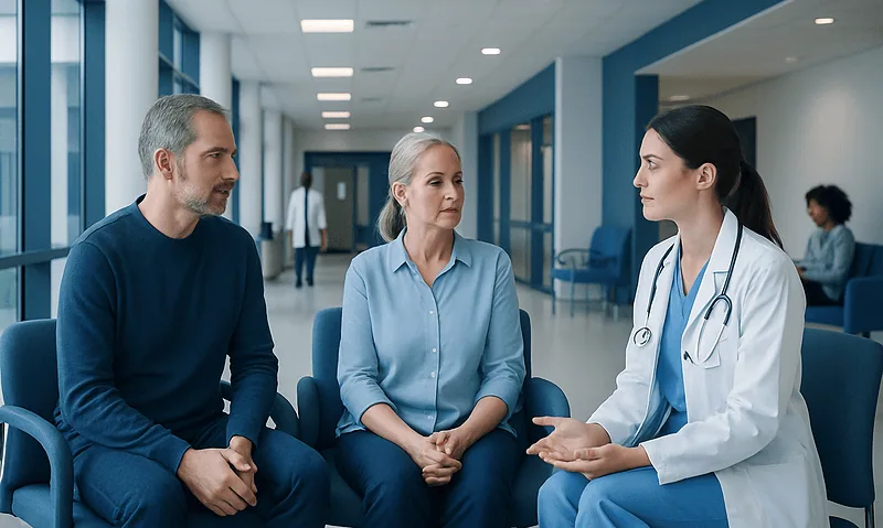 Doctor consulting with two patients in a hospital corridor.