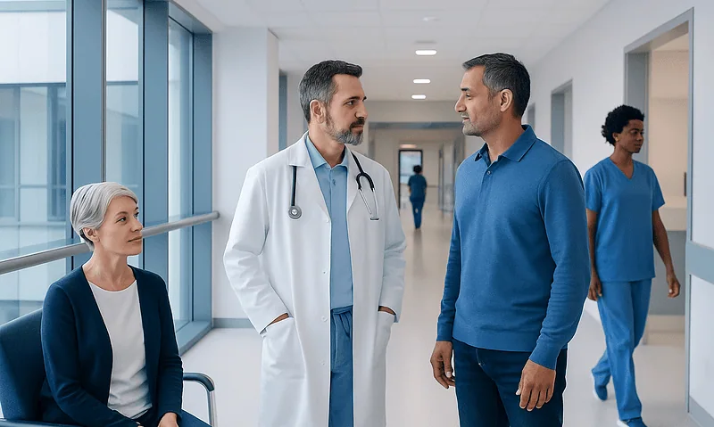Medical professionals and patient in hospital corridor at Acibadem Hospitals Group.