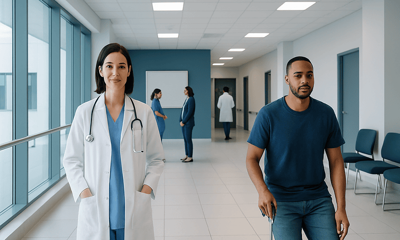 Healthcare professionals and patient in a modern hospital corridor.