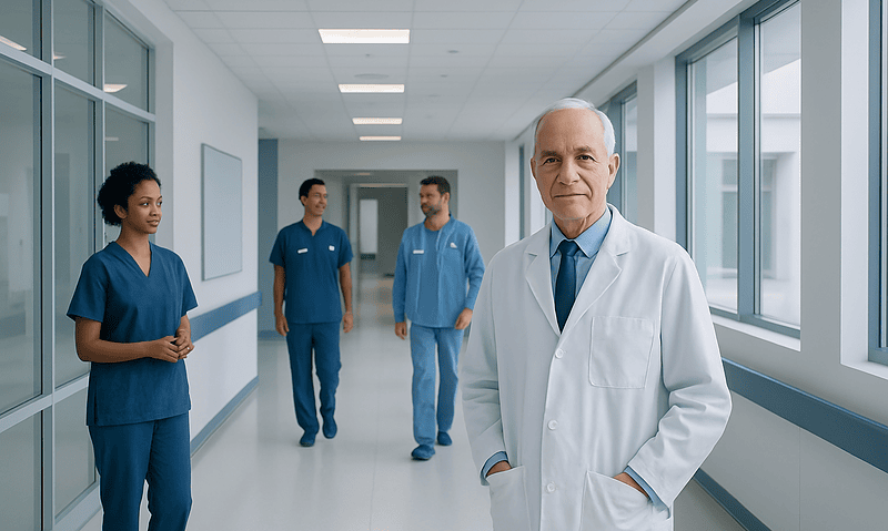 Health Library 5 Senior doctor with medical team in hospital corridor.