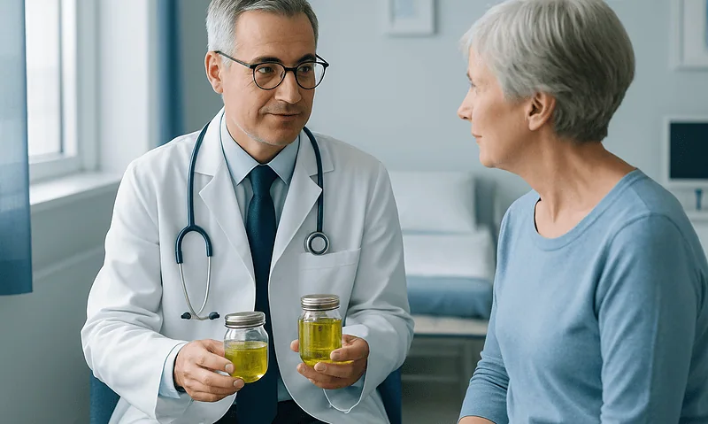 Doctor explaining benefits of oils to elderly woman in clinic.