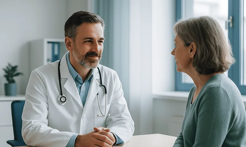 Doctor consulting with an elderly female patient in a medical office.
