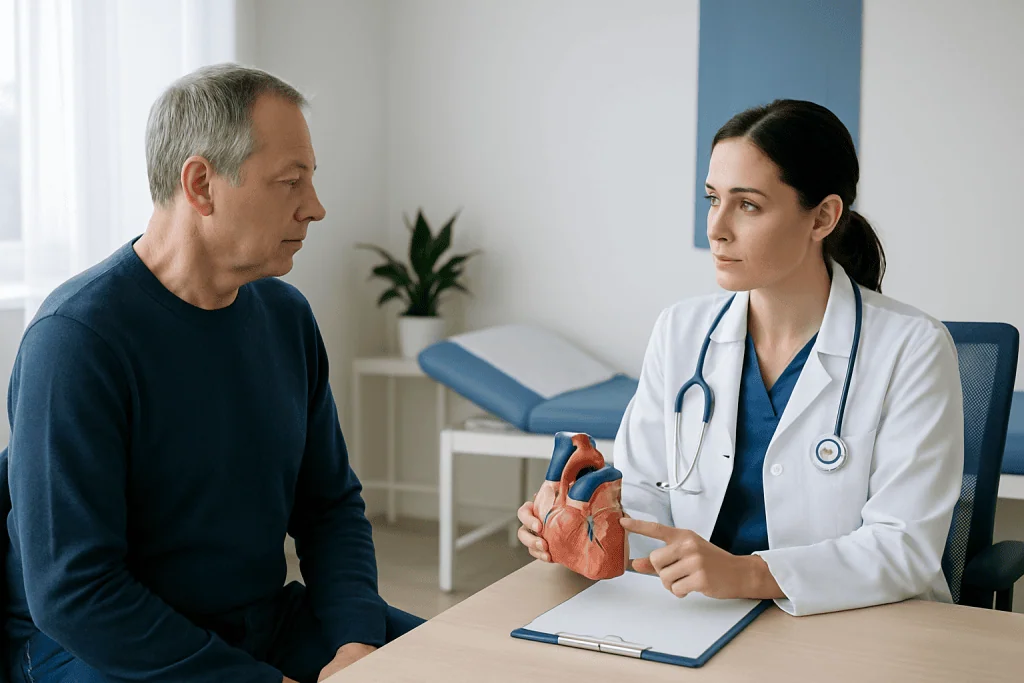 Doctor explaining heart health to a patient in a medical consultation.