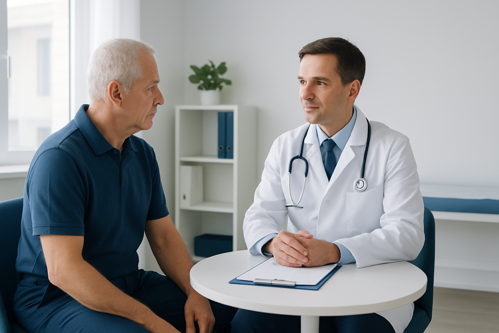 Doctor consulting with an elderly male patient in a medical office.