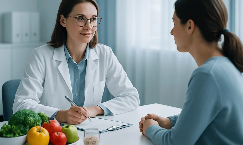 Doctor consulting with patient about health in a medical office.