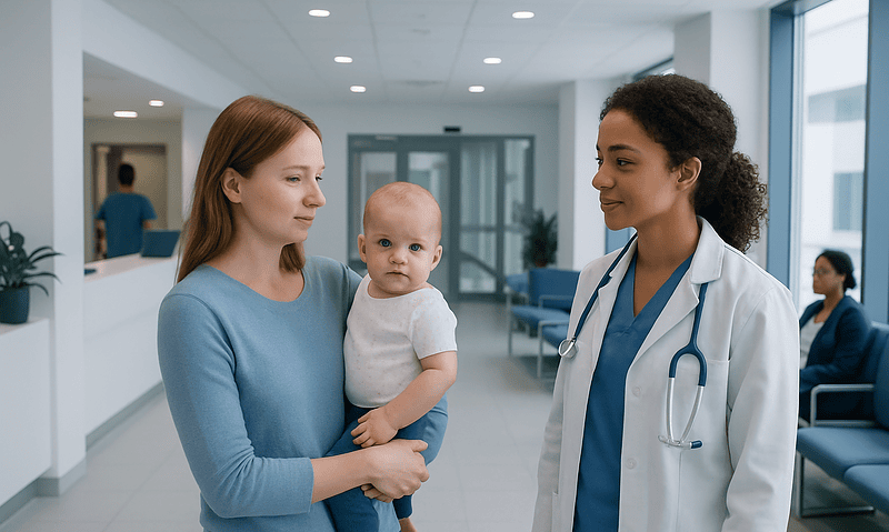 Mother with baby consulting pediatrician at hospital.