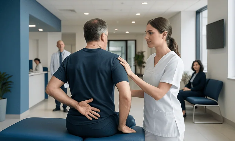 Doctor consulting with patient about back pain in hospital setting.