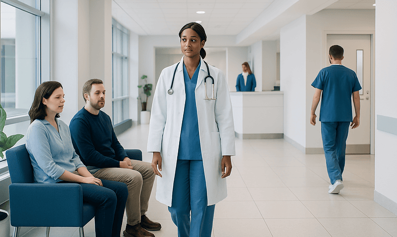 Healthcare professionals and patients in a modern hospital corridor.