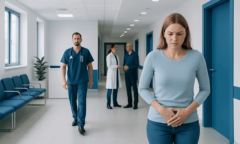 Woman experiencing abdominal discomfort in hospital corridor with medical staff nearby.
