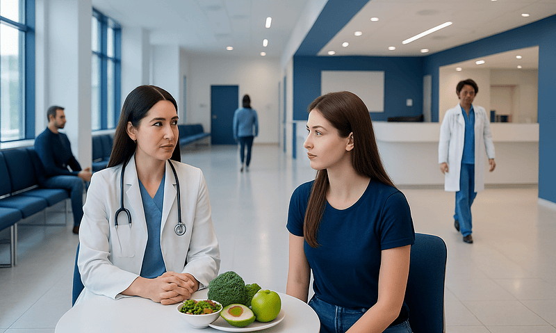 Doctor consulting a patient in a modern hospital waiting area.