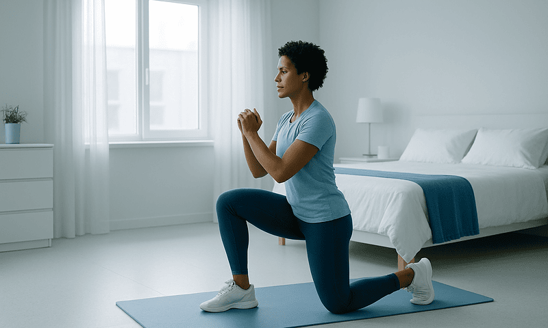 Senior woman doing knee lunge exercise at home for fall prevention.