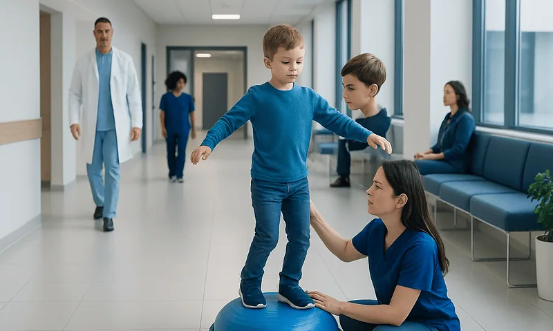 Child balancing on a therapy ball with a therapist assisting in a hospital corridor.