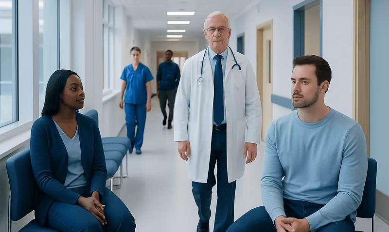 Doctor consulting with patients in a hospital corridor at Acibadem Hospitals Group.