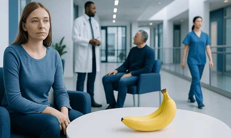 Patient waiting in hospital with banana on table, healthcare staff nearby.