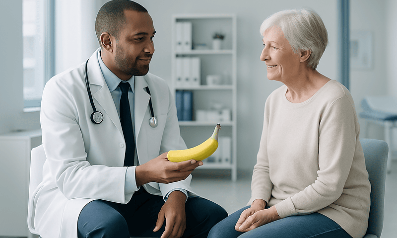 Doctor giving a banana to an elderly woman in a medical consultation room.