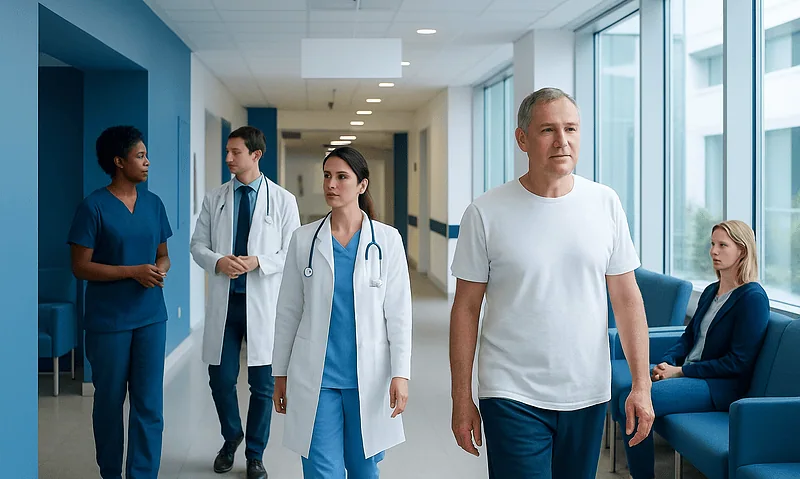 Medical team walking in hospital corridor with patient and staff members.
