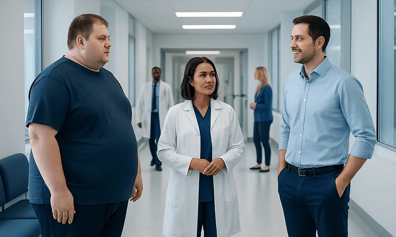 Patients and doctor discussing in hospital corridor at Acibadem Hospitals Group.