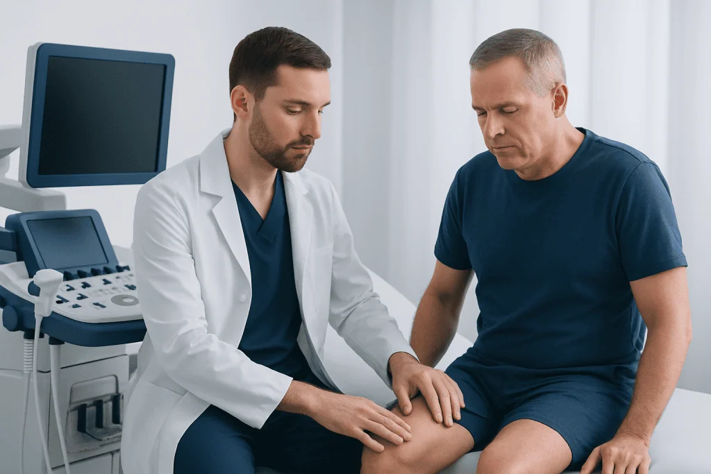 Urologist examining a patient's genital area in a clinical setting.