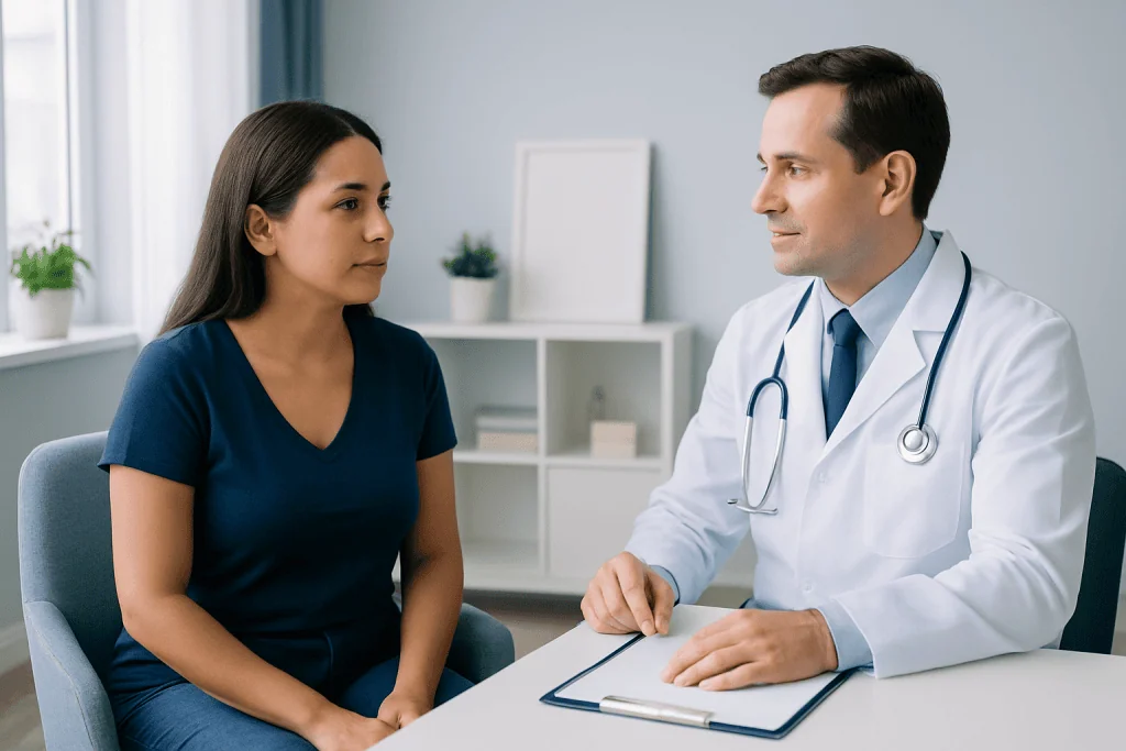 Doctor consulting with a female patient in a modern clinic setting.