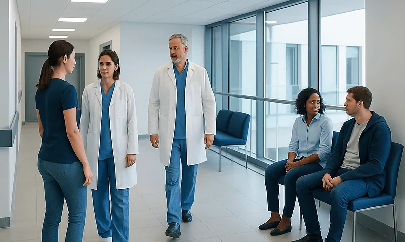 Medical team consulting with patients in a hospital corridor.
