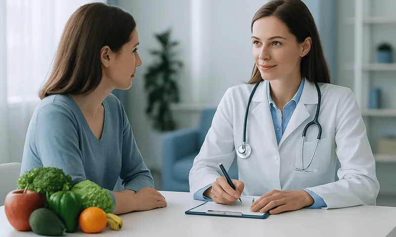 Doctor consulting with patient about nutrition and health at clinic.