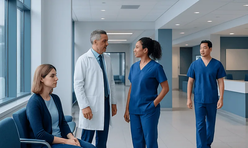 Medical team discussing patient care in hospital corridor.