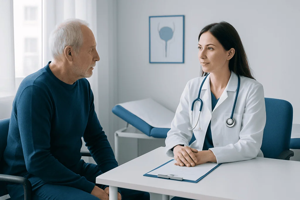 Doctor consulting with an elderly patient in a medical office.