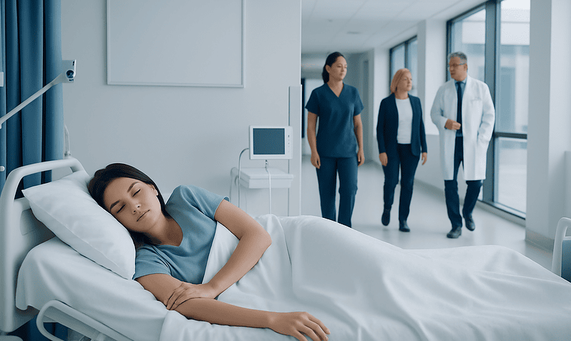 Young woman sleeping peacefully in hospital bed with medical staff in background.