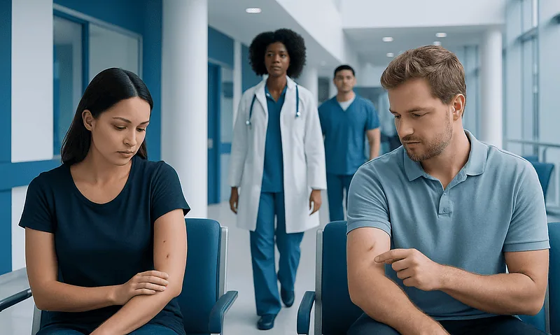 Patients with insect bites in a hospital waiting area.