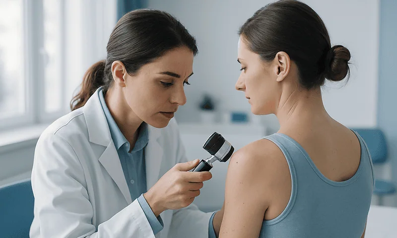 Dermatologist examining patient's skin with a dermatoscope in clinic.
