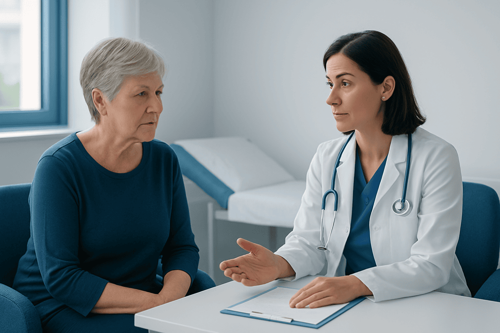 Doctor consulting with an elderly female patient in a medical office.