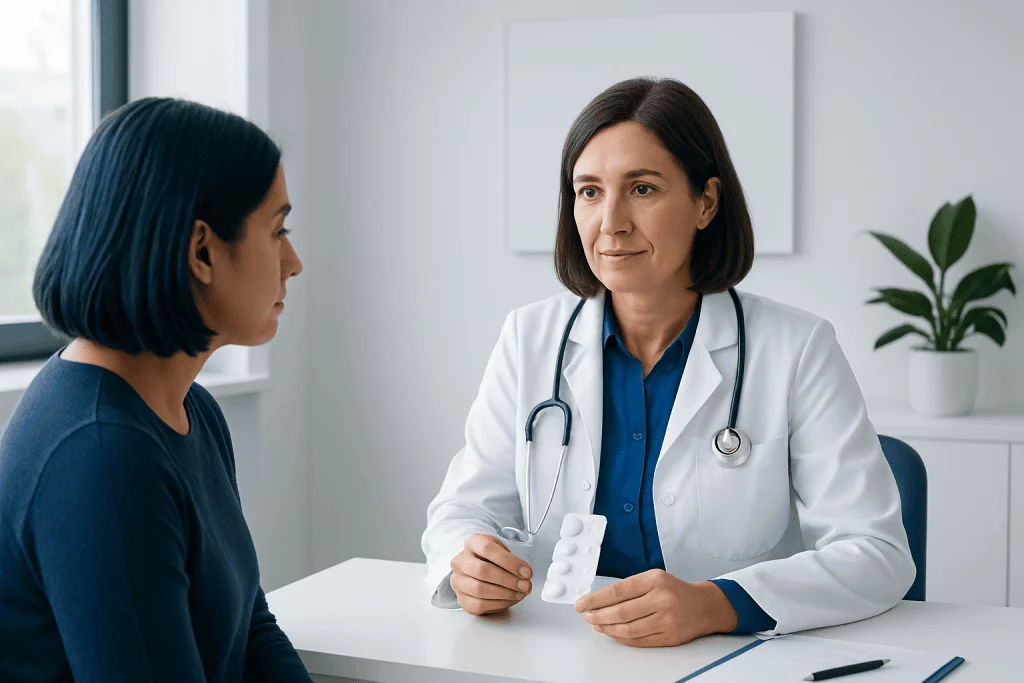 Doctor explaining medication to a patient in a clinic setting.