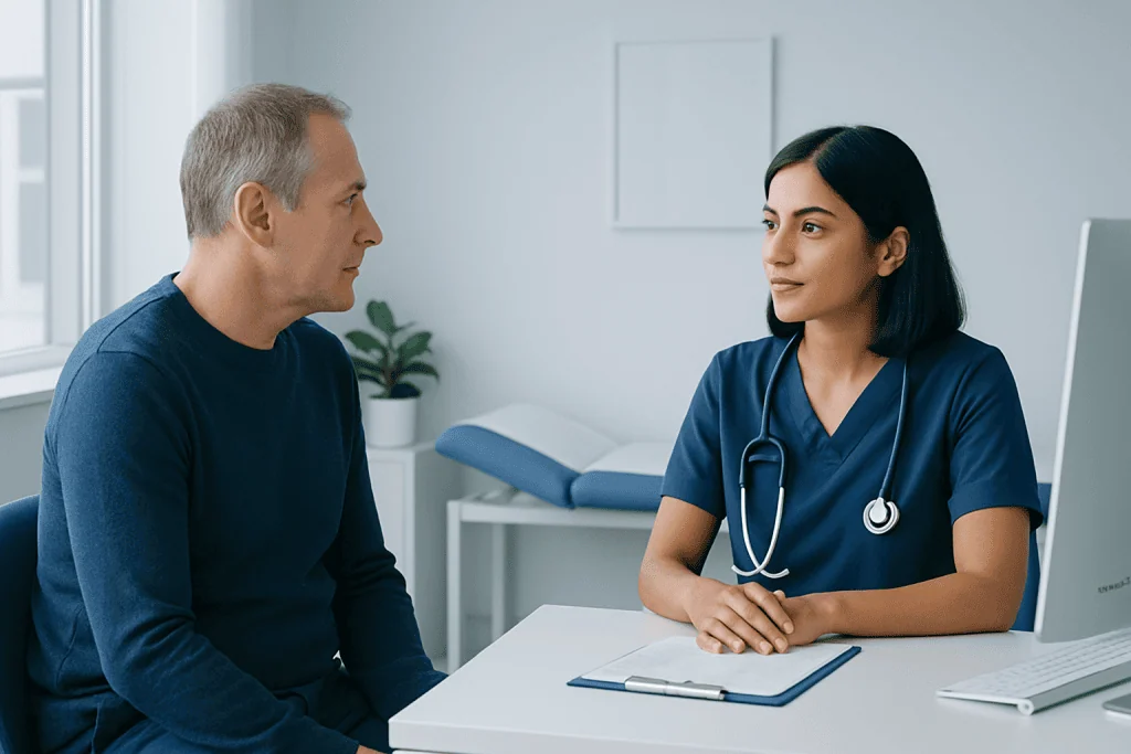 Doctor consulting with a patient in a modern hospital room.