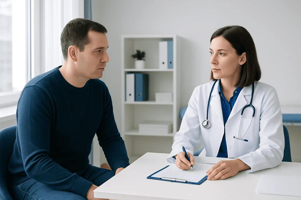 Doctor consulting with a male patient in a modern clinic setting.