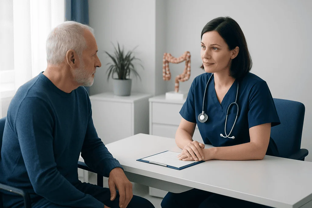 Doctor consulting with elderly patient in a medical office.