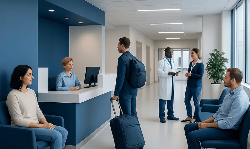 Patients checking in at Istanbul Airport medical reception area.