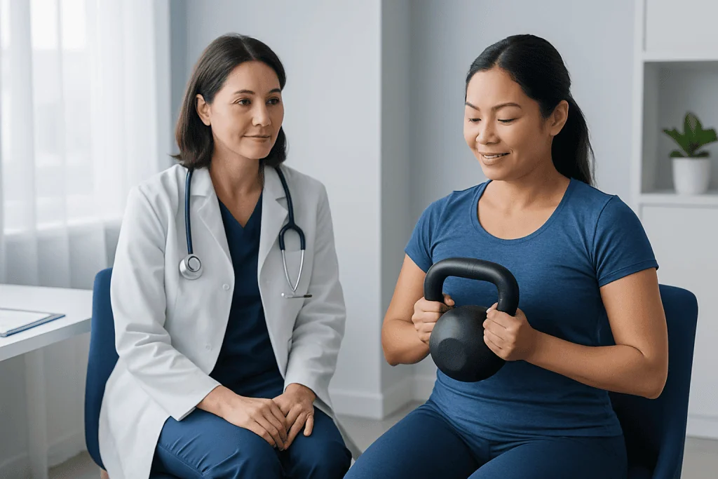 Doctor consulting with a woman holding a kettlebell in a medical office.