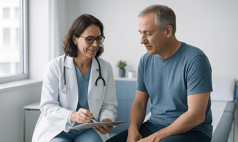 Doctor consulting with a middle-aged male patient in a medical office.