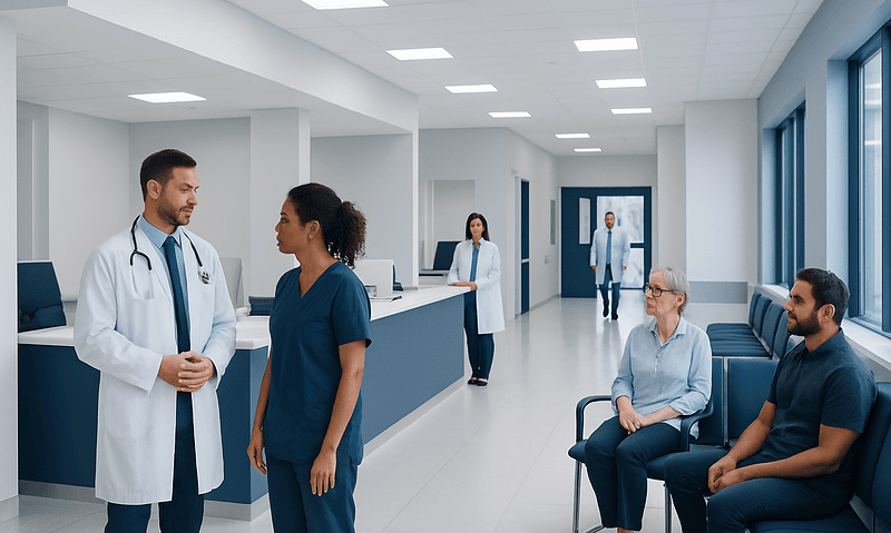 Medical team consulting in a hospital corridor with patients waiting.