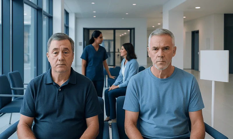 Patients waiting in a hospital corridor for medical consultation.