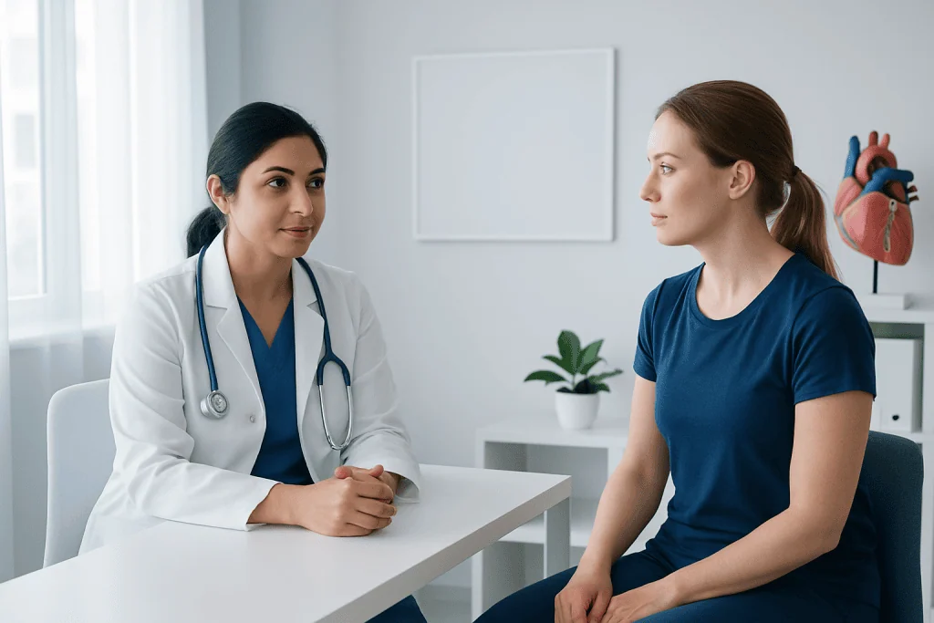 Doctor consulting with a patient in a modern hospital room.