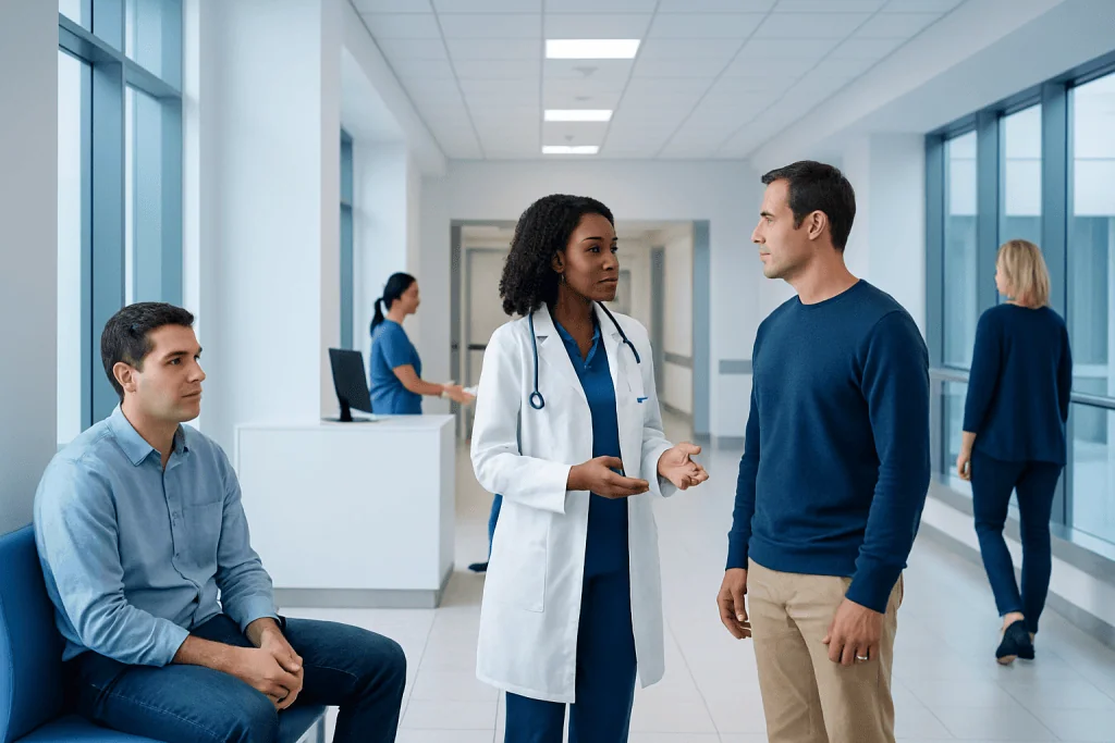 Benzene Exposure Treatment: How It Works, Results and What to Expect 1 Medical consultation in a modern hospital corridor with diverse staff and patients.