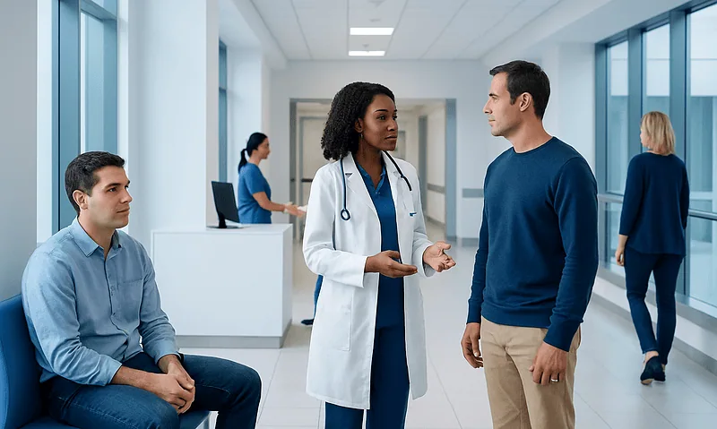 Medical consultation in a modern hospital corridor with diverse staff and patients.